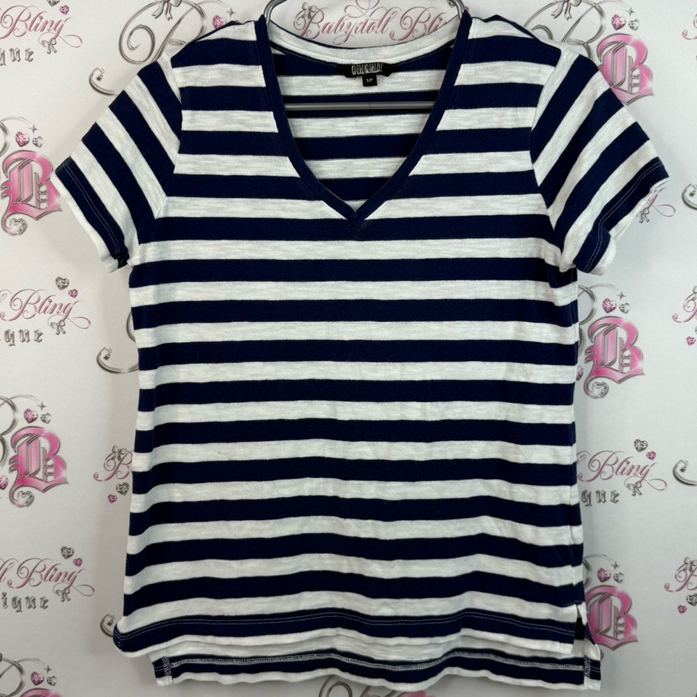 Nicole Miller T-shirt, stripes V-neck Striped navy blue and white Women's Top